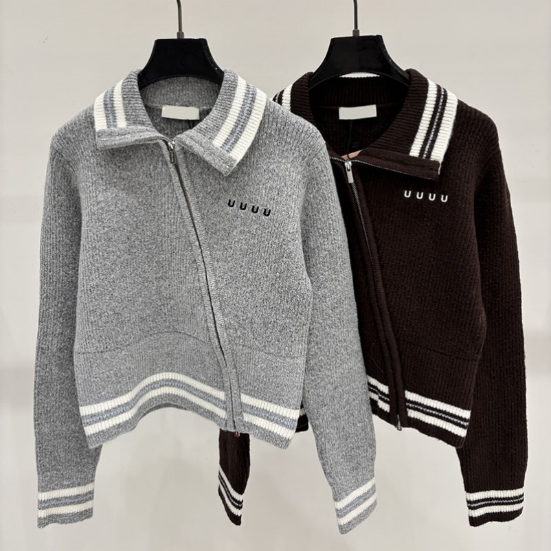 Women Cropped Wool Knit Jacket Designer Letter Embroidered Diagonal Zipper Knitted Cardigans Preppy Style Lapel Neck Sweaters