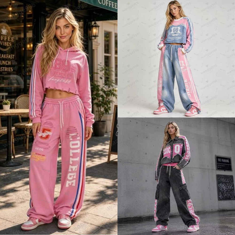 Women Two Piece Coat Set tracksuit Vintage Patchwork Letter Cropped Denim Jacket Wide Leg Cargo Pants Block Street Outfit For Daily