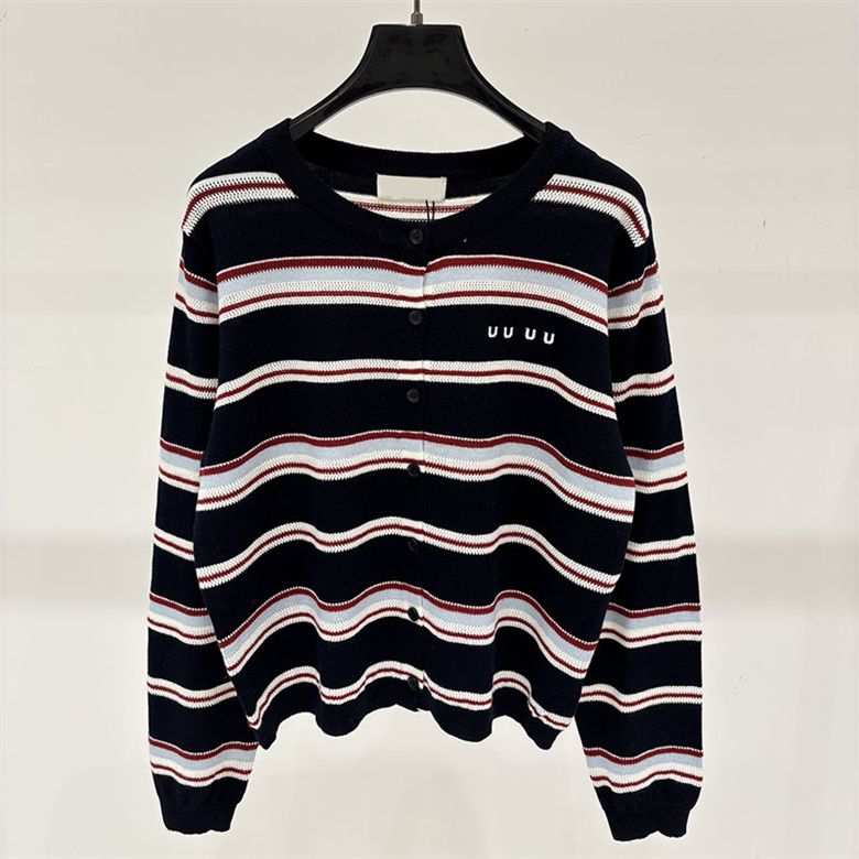 Designer Woman Preppy Knit Cardigan Long Sleeve Retro Striped Letter Embroidered Shirt Autumn Winter Commuter School Daily Casual Wear