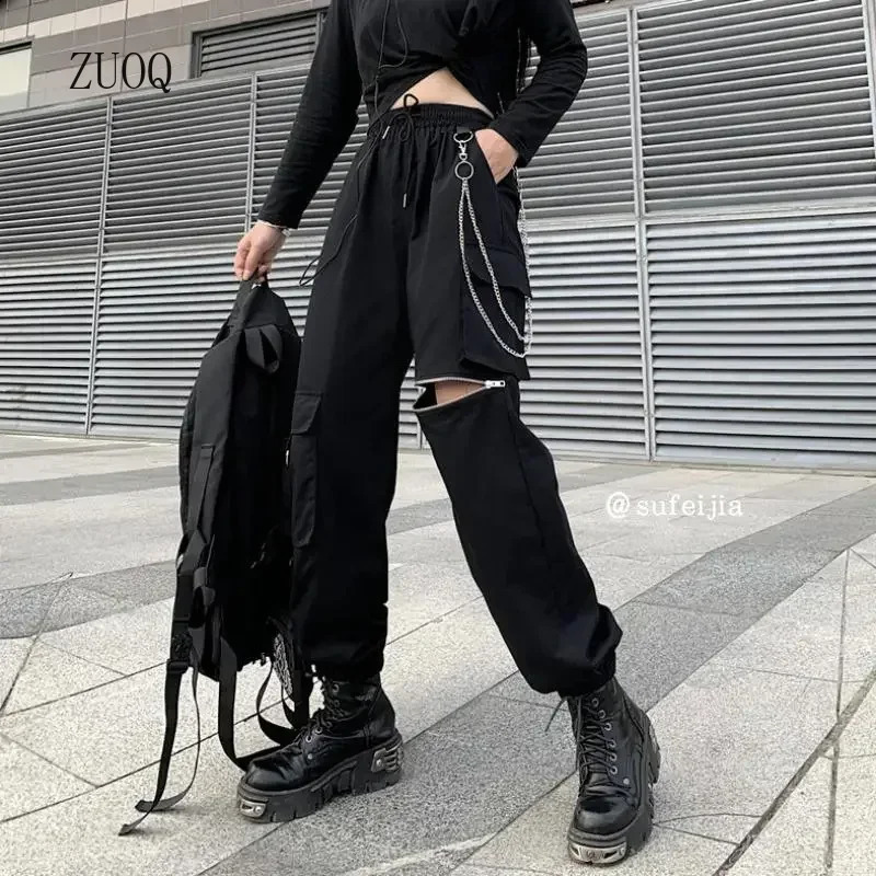 2026 Gothique Cargo Pants Women Punk Chain Gothic Harajuku Black Trousers Korean Fashion High Waist Sweatpants Female 260921