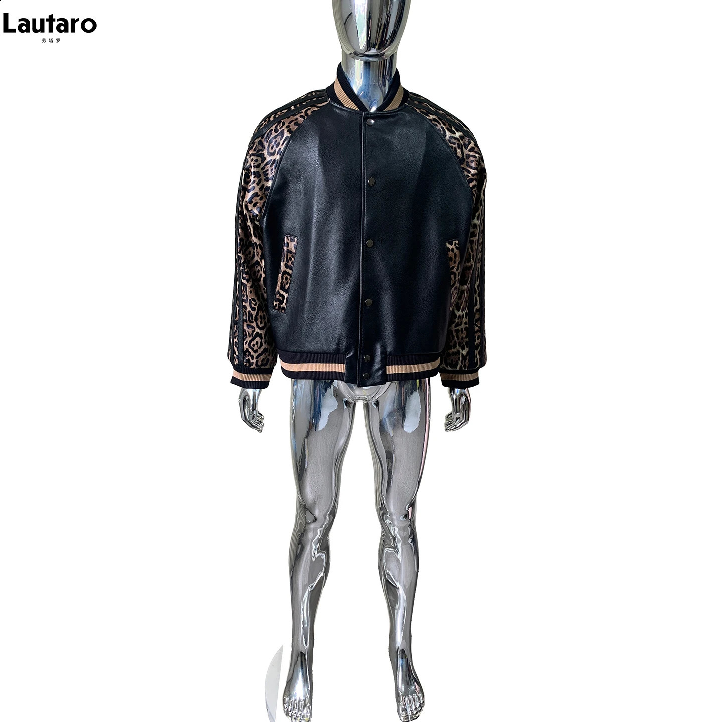 Lautaro Spring Autumn Leopard Print Patchwork Black Pu Leather Jacket Men Zipper High Quality Menswear Baseball Clothes 260920