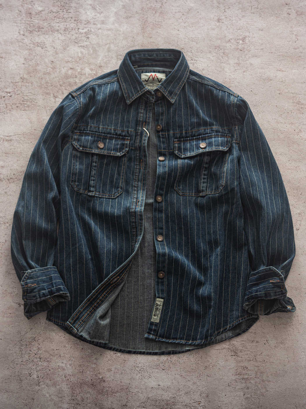 Casual Shirts Autumn New Men's American Retro Heavyweight Denim Striped Cargo Shirt Men's 100% Cotton Washed Double Pocket Long Sleeve Lap