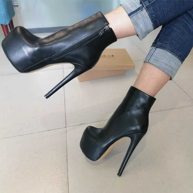 Botines Onlymaker Botas Mujer Punta redondeada 16 CM Tacón alto Cremallera lateral negra Moda delgada Mate Tallas grandes Botines de invierno cálido