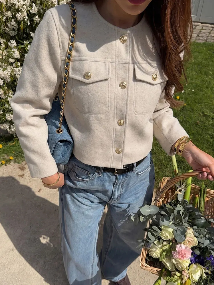 HH Womens Fashion Beige O Neck Button Cropped Jacket Pockets Long Sleeve Top High Street Casual Elegant Party Vacation Coat 260920