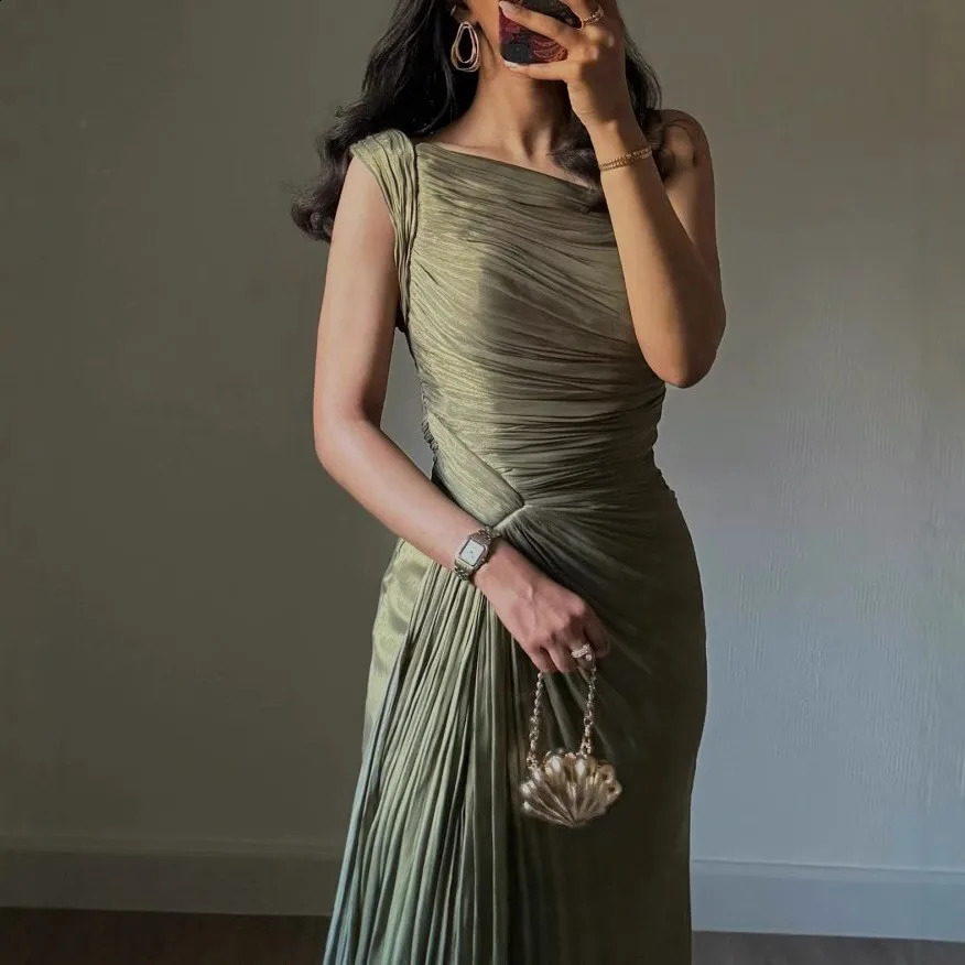 Women's Elegant Olive Green Evening Gown One Shoulder Ruched Waist Side Slit Satin Train Dubai Wedding Prom Formal Maxi Dress 260920
