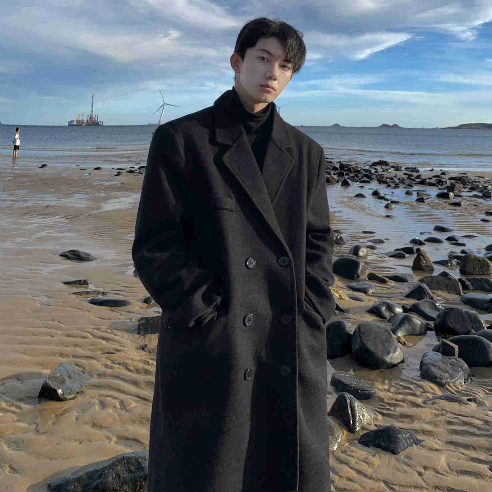 Long Men's Wool Blends Winter Trenchcoat Men Korean-style Solid Double Breasted Woolen Coat Loose Casual Trench Outwear 2023 Solid Color Overco