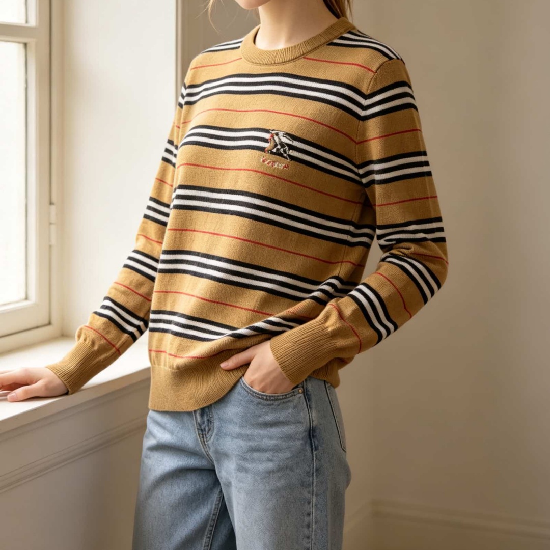 designer clothes women Women Striped Crew Neck Sweater High Quality Casual Knit Pullover Embroidery Top Daily Travel Autumn Winter Fashion Ladies Sw