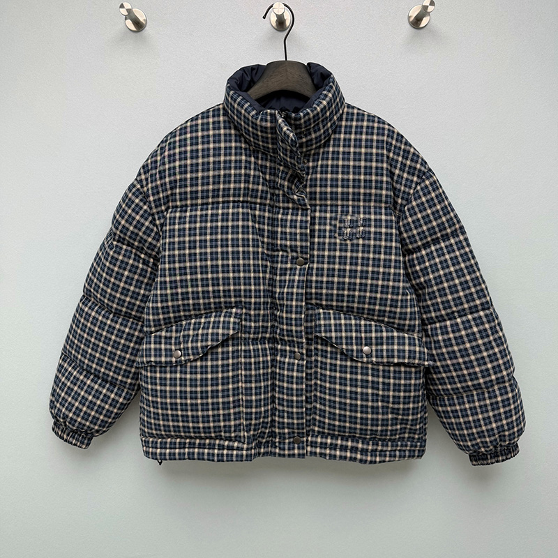 Stand Collar Puffer Jacket For Women Vintage Check Reversible Warm Padded Short Coat Winter Thicken Windproof Casual Cotton Outerwear