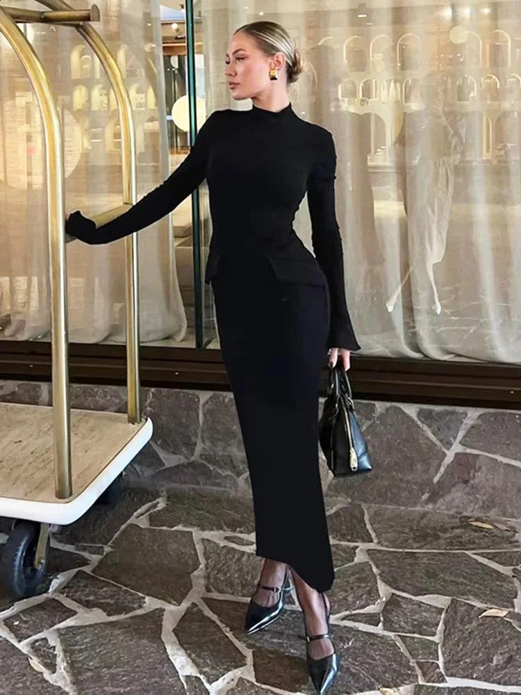 TARUXY Half Turtleneck Long Sleeves Maxi Dress Fashion Office Lady Clothing Back Slit Gown Dress Female Solid Streetwear Autumn 260920