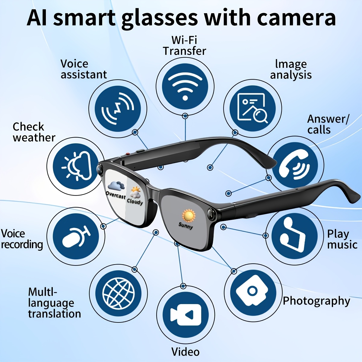 Lunettes intelligentes 2026 AI avec caméra 800 W, batterie 290 mAh, enregistrement photo vidéo, réduction du bruit, WIFI haut débit, assistant vo