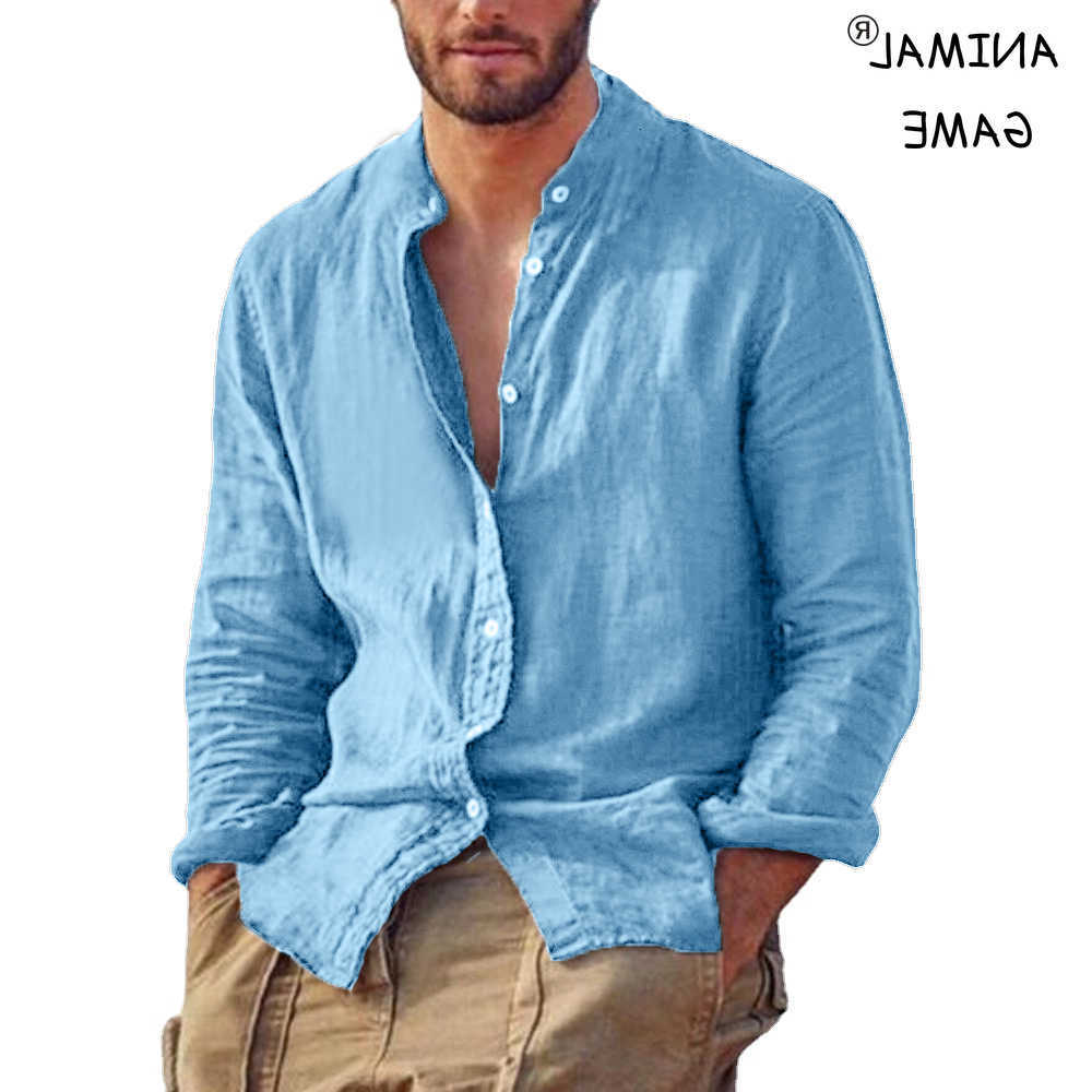 New Shirts Men's Men's Casual Solid Color Long Sleeve Shirt Linen Cotton Shirts Trend Plus-size Stand Collar Casual Lightweight Beach Tops