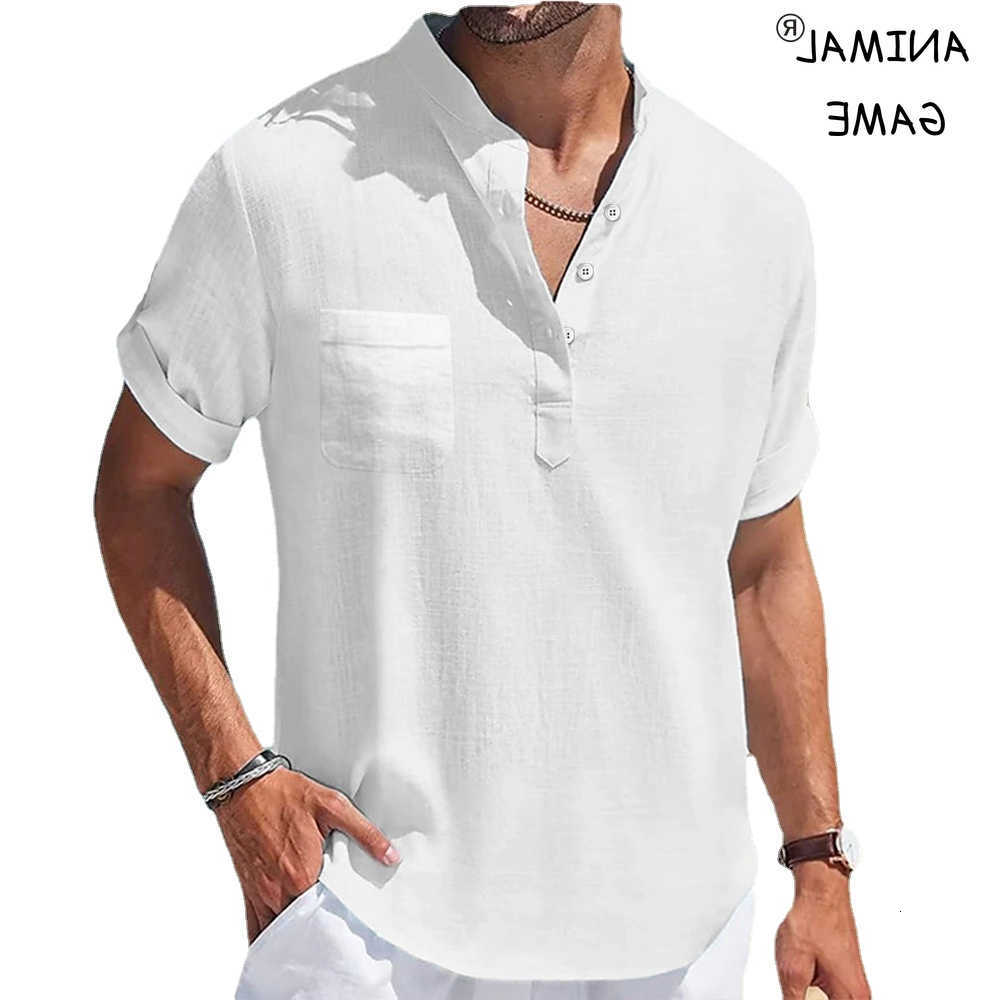 Casual Shirts New Men's Men's Casual Stand Up Collar Summer Solid Color Short Sleeve Linen Shirt Trendy Breathable Loose Youth Basic Pocke
