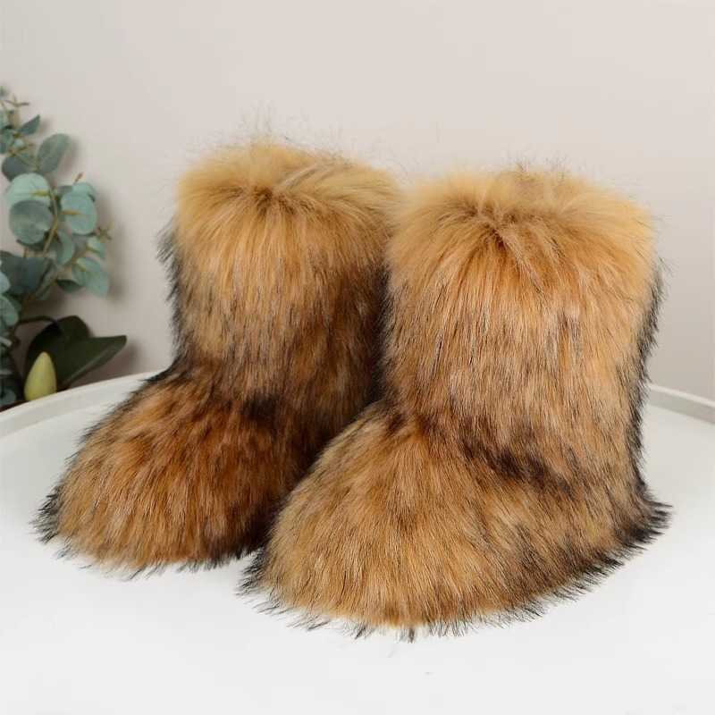 Botas de nieve de piel planas altas imitación piel de zorro mapache invierno cálido zapatos de mujer a media pantorrilla L26921