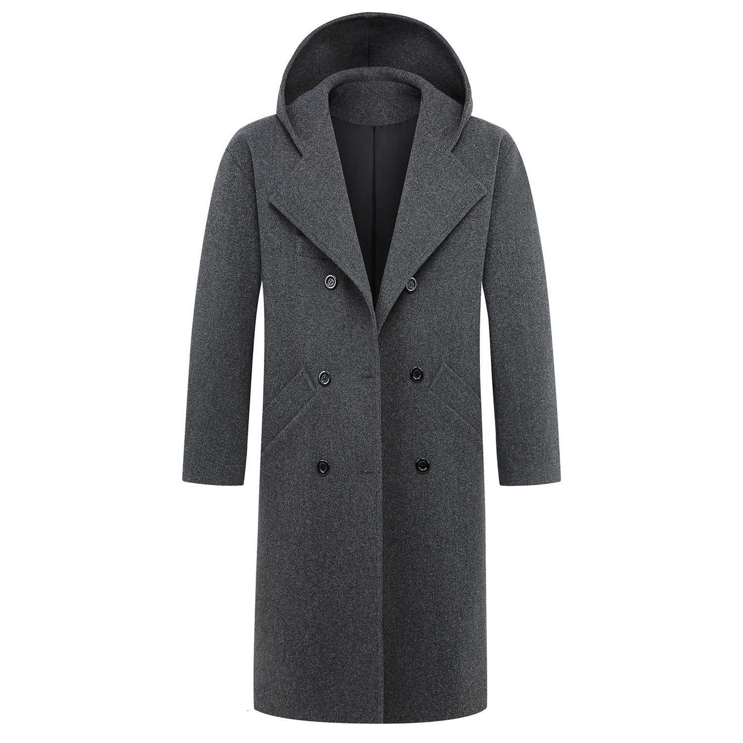 Winter Men's Autumn Wool Blends Woolen Coat Men Hooded Trench Outwear Solid Business Casual Overcoat Male Double Breasted Warm Loose Hooded Coa