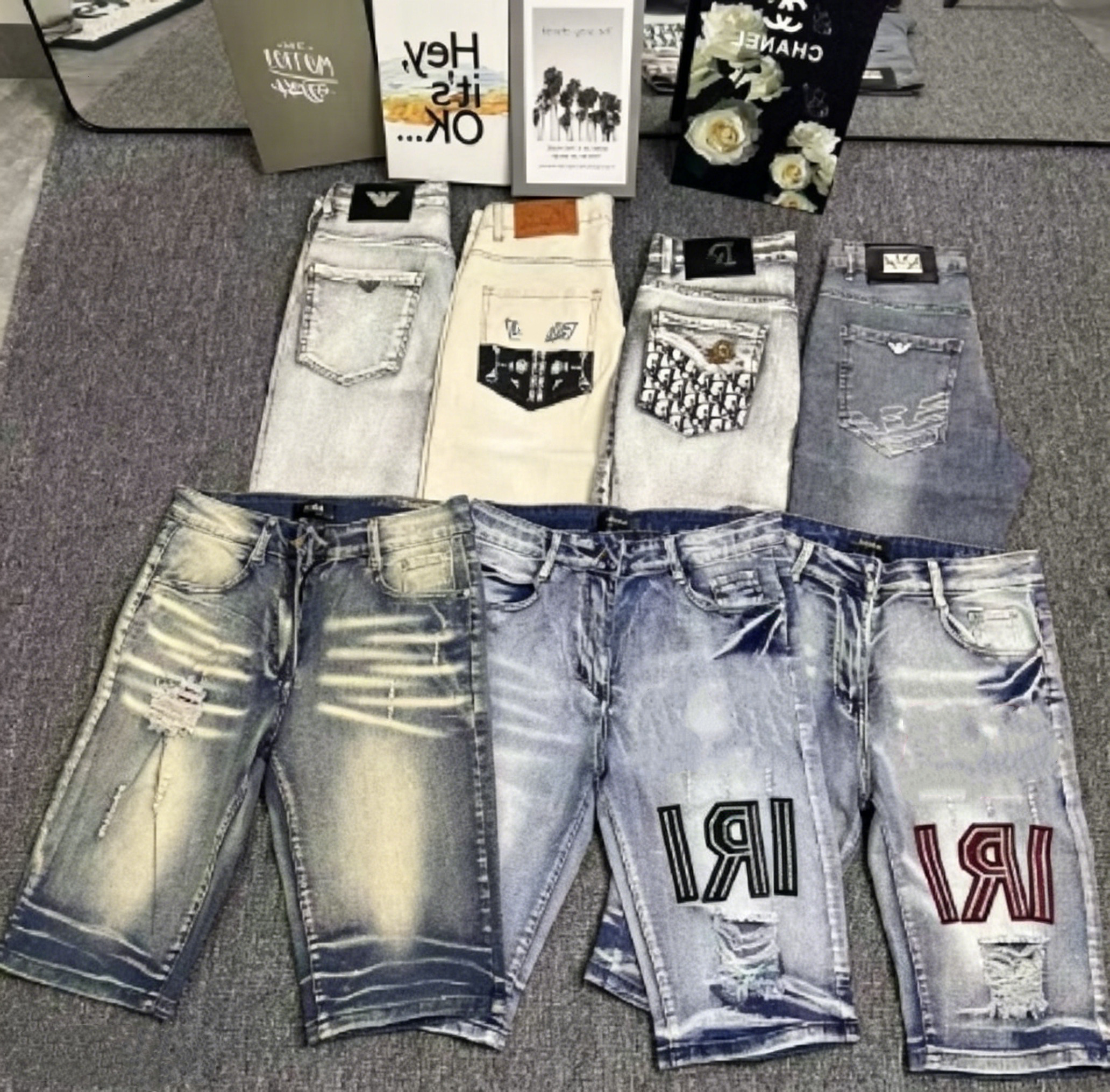 Men Jeans trousers Men Jeans Holes End High Street Letter Embroidery Trendy Cotton Streetwear Stretchy Casual Straight Leg Denim Shorts Denim Pants