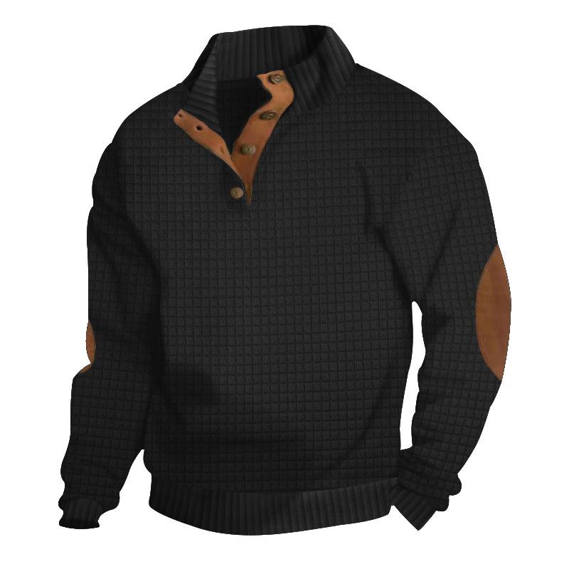 Pull en tricot texturé à grille pour hommes, col montant, bouton partiel, Patch sur les coudes, manches longues, bordure côtelée, haut décontract