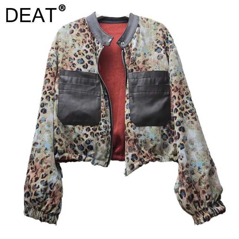Winter Women's 2026 Jackets DEAT High Street Style Colorful Leopard Print Short Jacket For Women Contrast Color PU Leather Pockets Coats 29A930