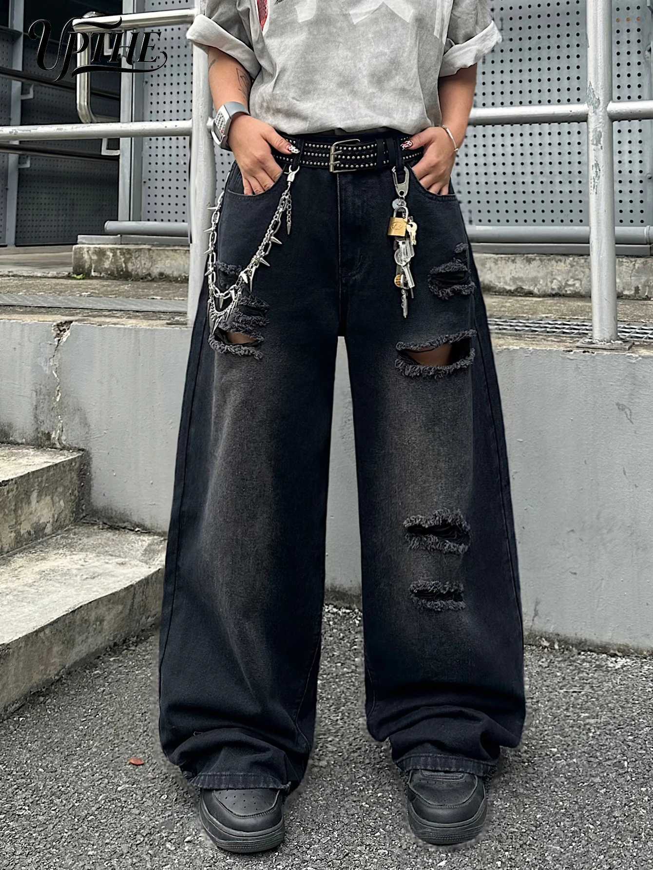 UPTHE Men's Ripped Baggy Wide Leg Jeans Vintage Black Faded Distressed Loose Denim Pants Y2K Punk Hip Hop Streetwear Oversized Trousers S260921