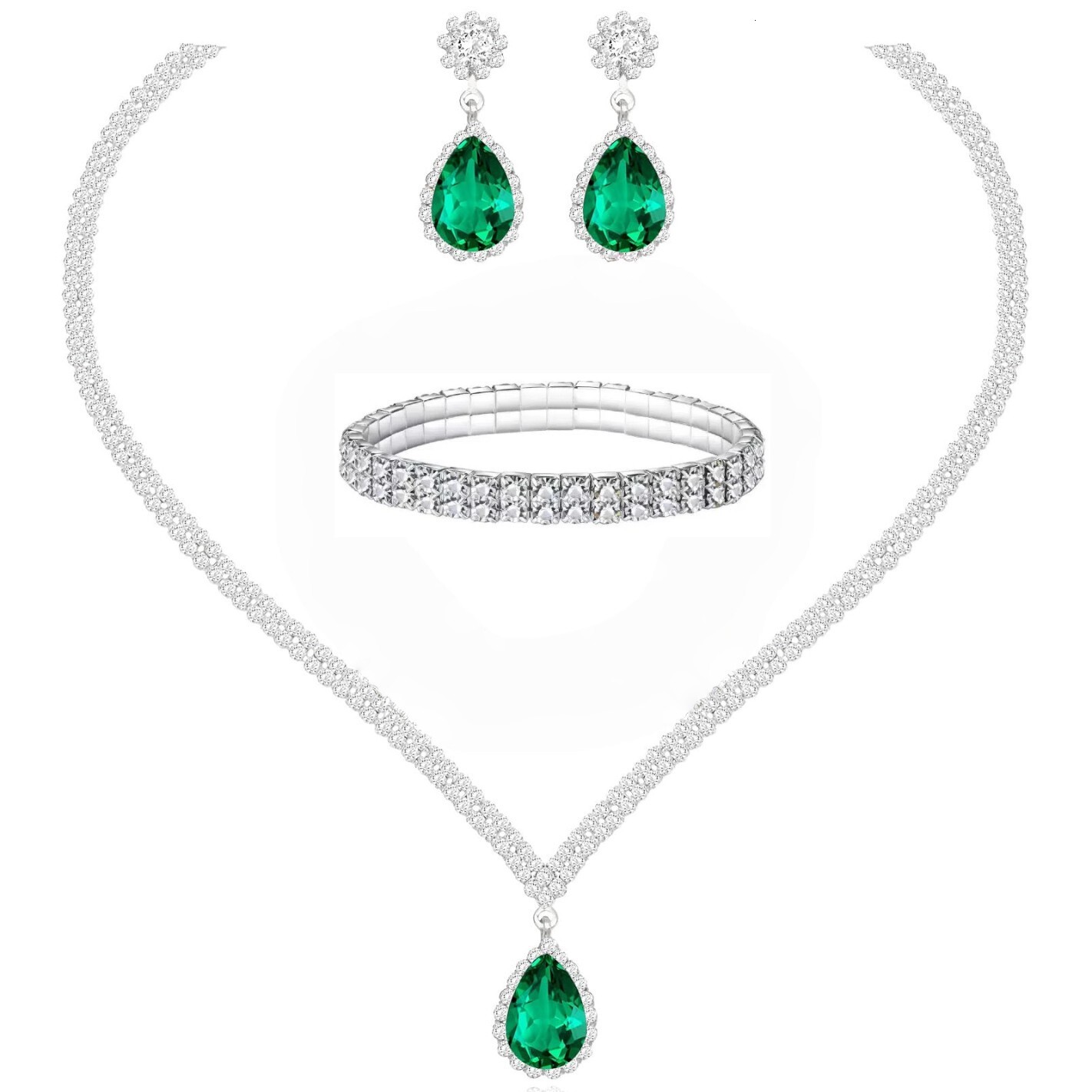 Wedding Bridal European American Fashion Jewelry, Designer Water Drop Pendant and Earrings, Full Diamond Luxury Necklace Set