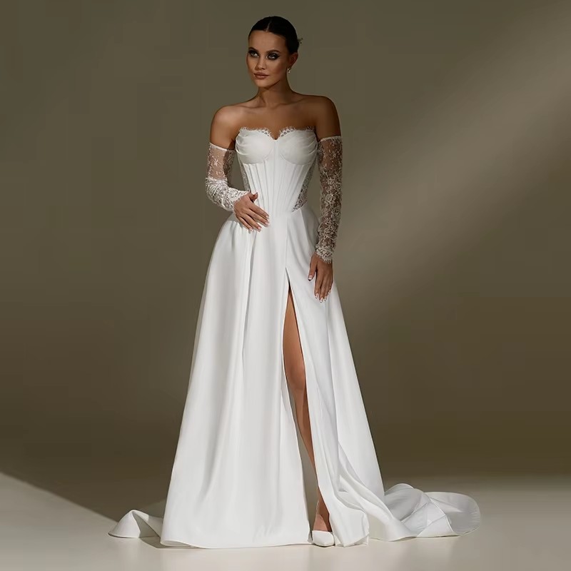 Boho Beach A-Line Wedding Dresses 2027 Sweetheart Detachable Sleeves Lace Satin Side Slit Bridal Gown Bride Dress Vestido de Novia Mariage