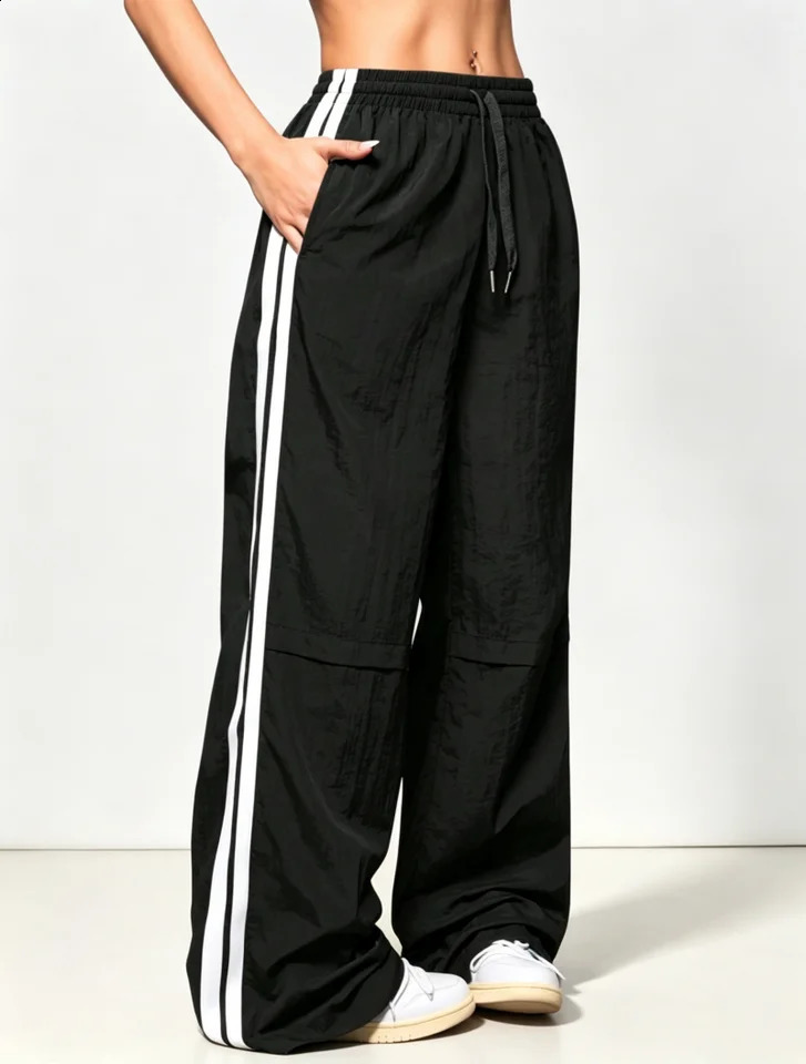 Women High Waist Wide Leg Pants Side Stripe Casual Trousers Loose Fit Streetwear Jogger Pants Breathable Workwear Daily Wear 260921