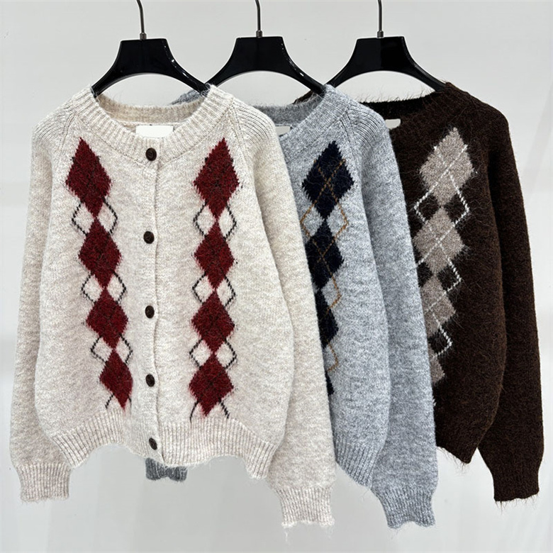 Chic Woman Retro Knit Cardigan Long Sleeve Argyle Diamond Pattern Sweater Autumn Winter Date Vacation Commuter School Daily Casual Wear