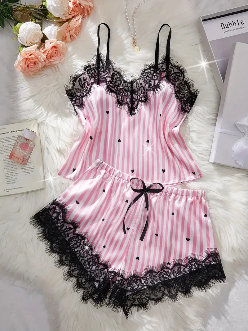 Summer Silk Satin Women's VNeck Sexy Lace Suspender Pajama Shorts Set Stripes Heart Casual Sleeveless 260920