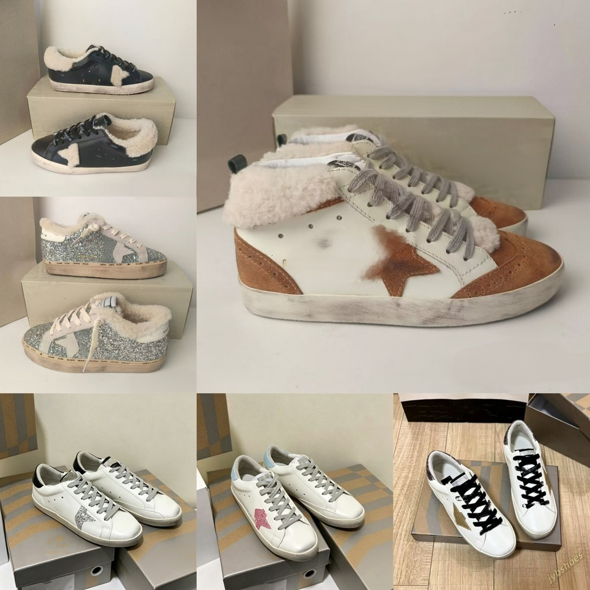 Mens Womens Glitter Star Vintage Sneakers Distressed Leather Lace-up Skate Shoes Winter Fleece Lined Slip-on Mules Multi Styles Daily Mens Womens Sh