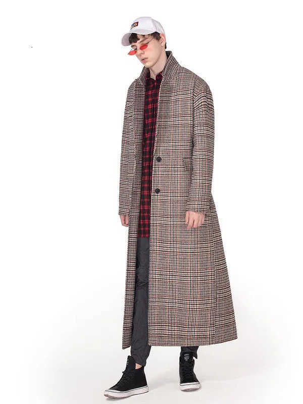 Wool Blends 2023 Winter Men's Men Trench Wool Coat Plaid Smart Casual Single Breasted Cashmere Long Outwear England Style Blends Jackets D26092