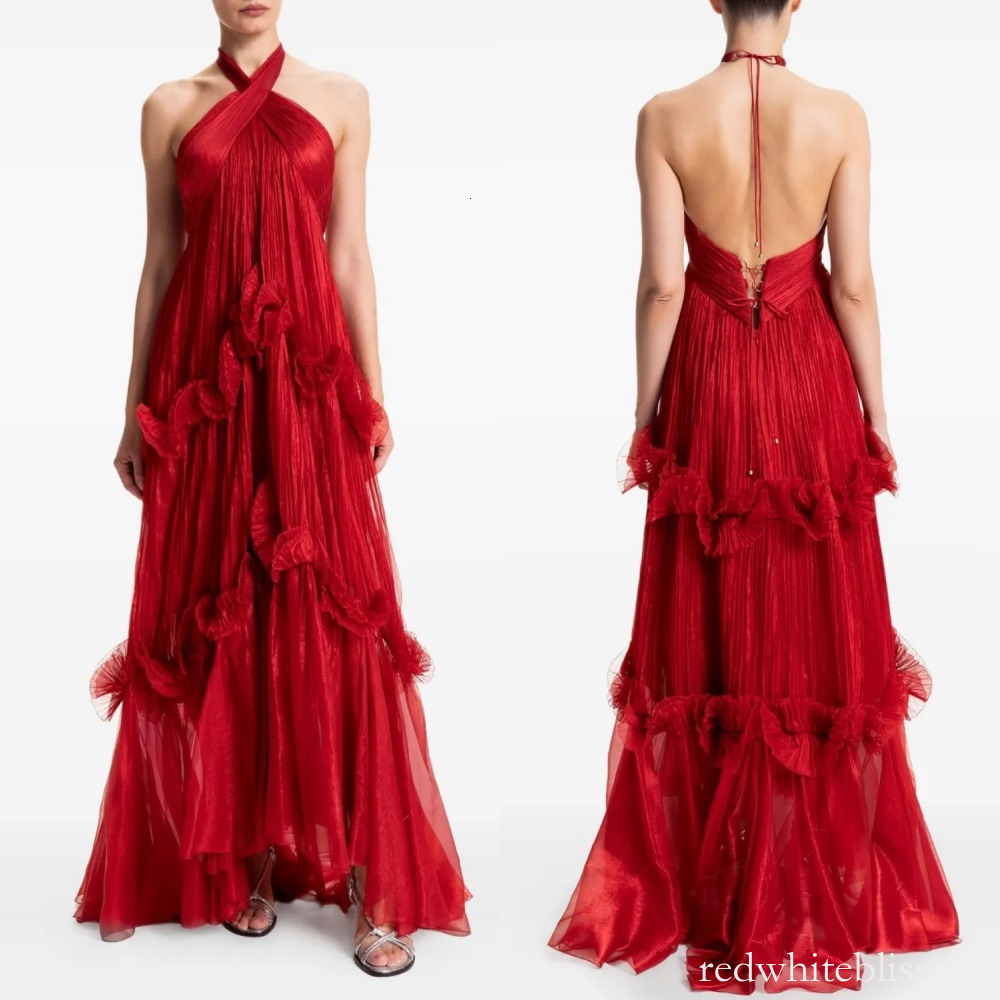 Graceful Red Evening Dresses Sexy Backless A Line Halter Neck Pleats Ruched Tiered Long Women Prom Gowns Women Formal Occasion Robes