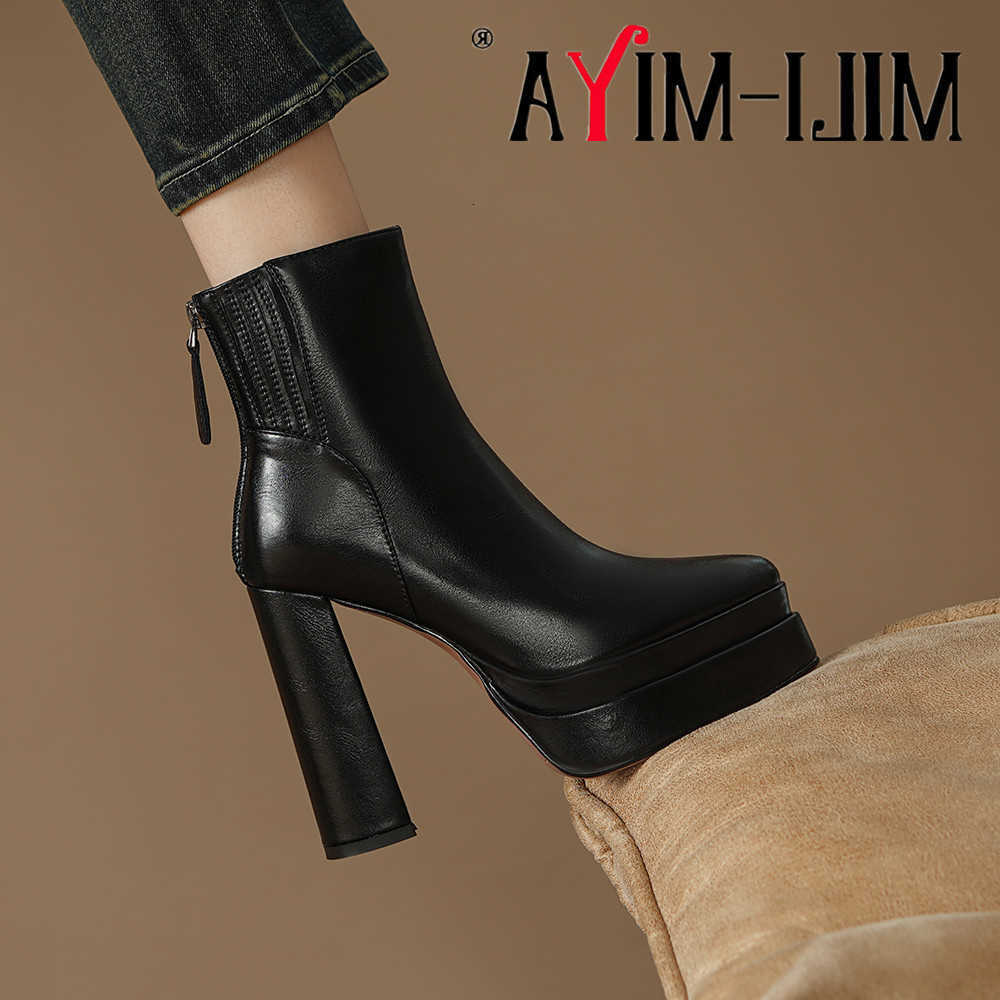 Botas de moda puntiagudas Toe MILI-MIYA Mujeres Botines de cuero genuino completo Color sólido Tacones gruesos Cremalleras Vestido Zapatos de fiesta
