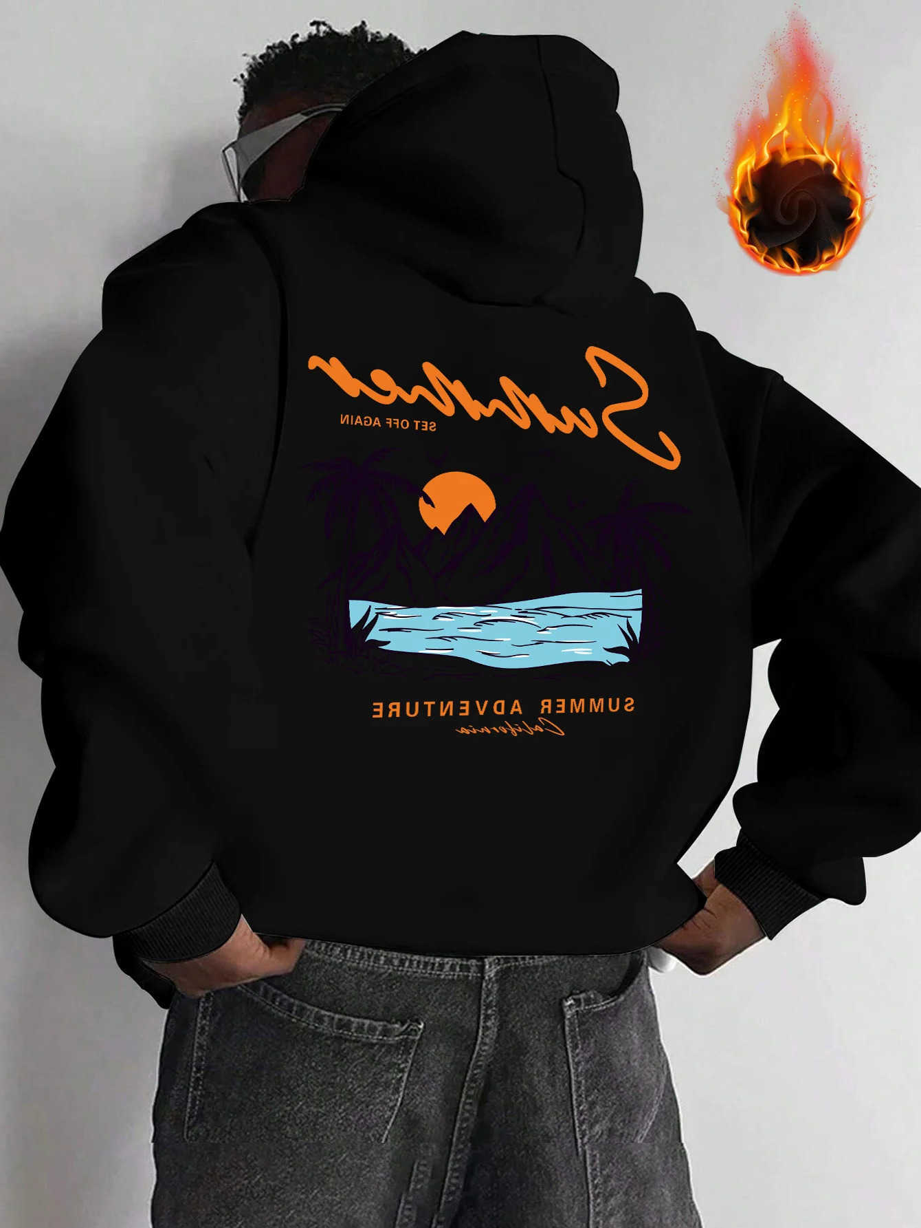Sweatshirts Men Men's Hoodies Lined Hoodie Summer Adventure Sunset Palm Tree Beach Back Print Oversized Black Outdoor Pullover Sweatshirt D2609