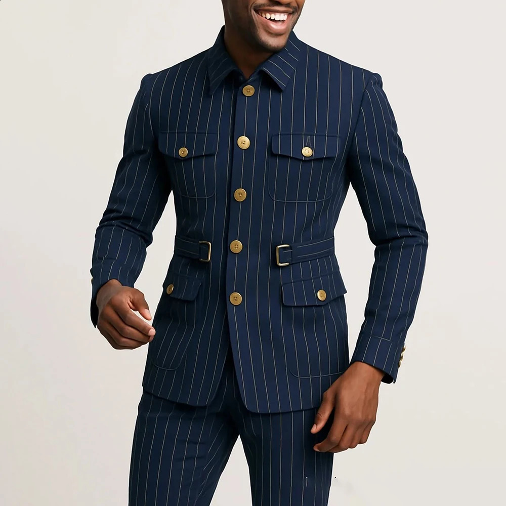 Elegant Pinstripe Mens Suits Fashion Single Breasted Stand Lapel Slim Fit Male Clothing Customzied 2 Piece Jacket Pants Sets 260920