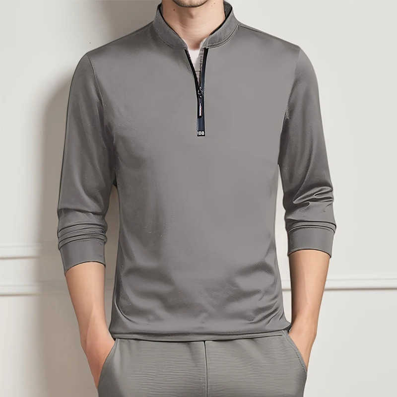 2025 Men's Casual Men's Shirts Casual Fashion Solid Color Long Sleeved Polo Shirt Stand Up Collar Versatile Comfortable Top H260921