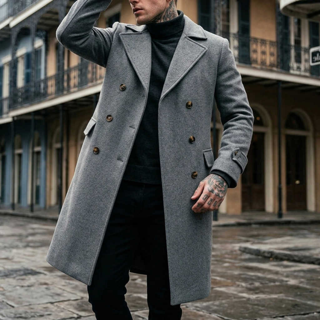 Wool Blends New Men's Men's Solid Color Trench Coat Double Breasted Long Coat Street Wear Knee Trench Coat Business Casual Men's Offi