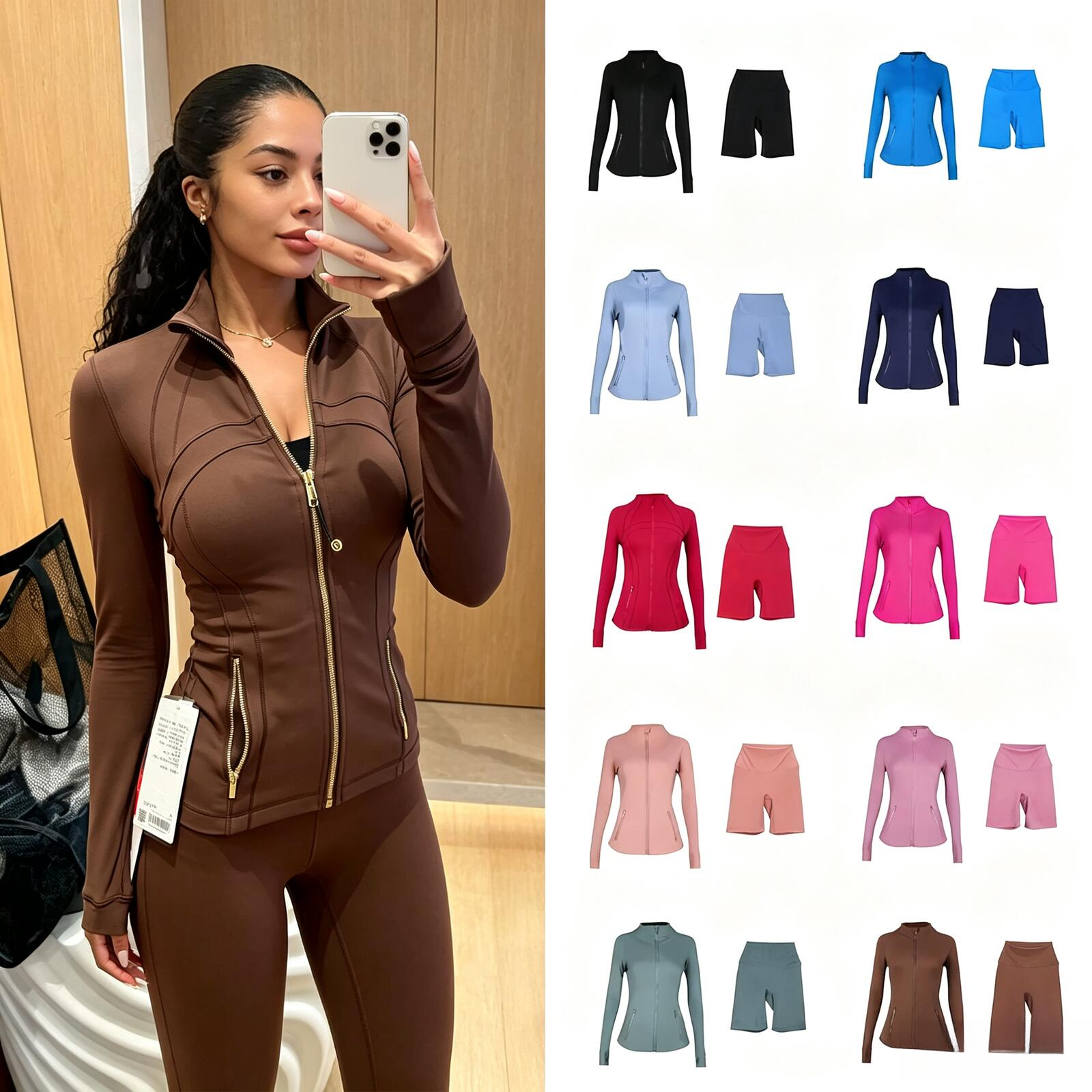 Yoga Gold Zip Cropped Full Length Leggings Workout Sets Gym Clothing Women Jacket Sweatshirt Set Jackets fashion III