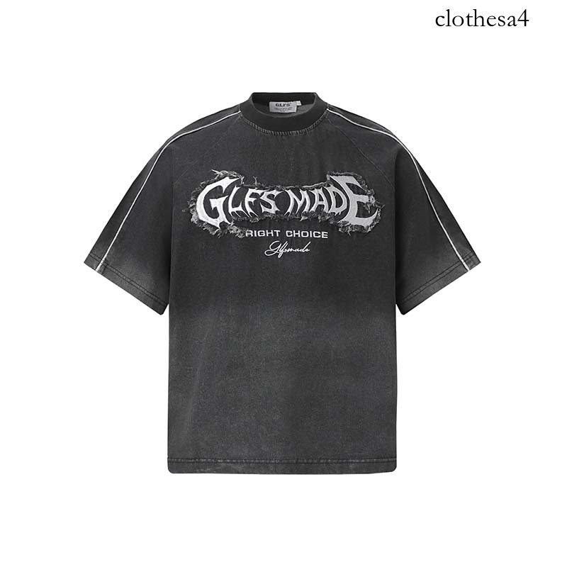 2026 Summer New High Street American Style Letter Patch Embroidery Frayed Edge Gradient Washed Vintage Round Neck Short Sleeve T-Shirt