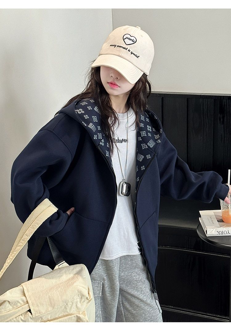 Fashion Girls Reversible Hooded Fleece Jacket Printed Lining Zip Up Warm Casual Outerwear Z261008