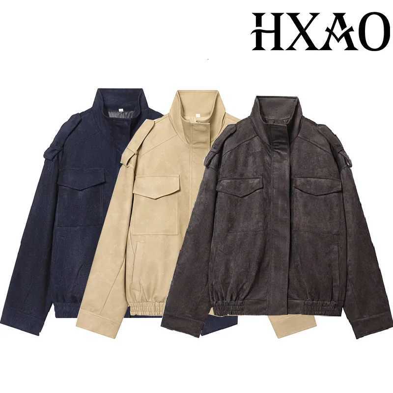 Faux HXAO Women's Leather Jackets Suede Jacket Long Sleeve Women's Cropped Bomber Jackets For Woman Street Cozy New In Outerwears Plus Siz