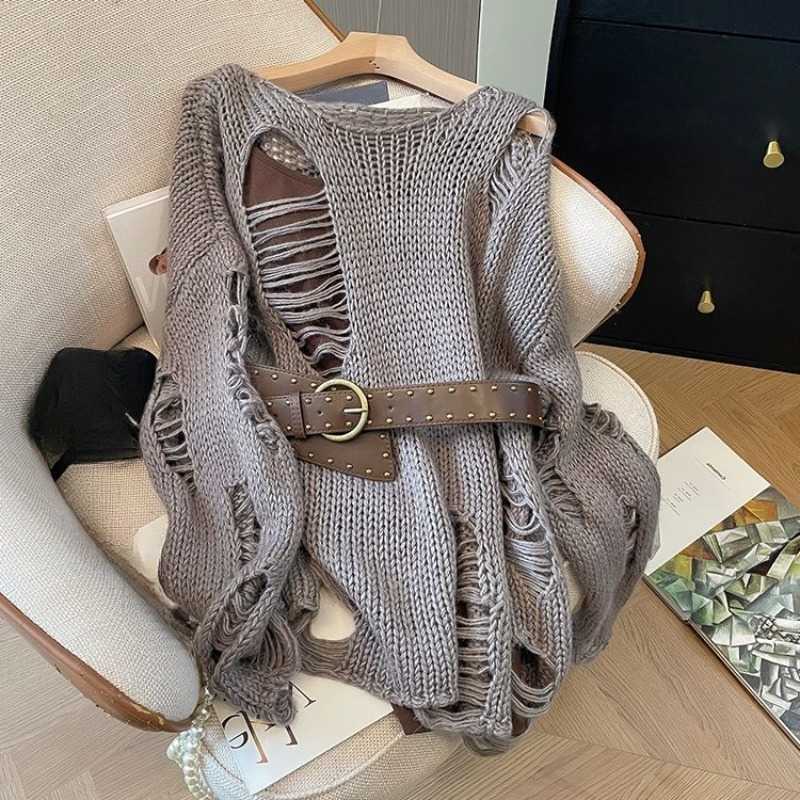 Loose Fashion KnittTop T Fe Trend Sexy Vintage Hollow Out Belt O-neck Long Slve Sweater Ladies Pullovers Tops Autumn S260921O0HD