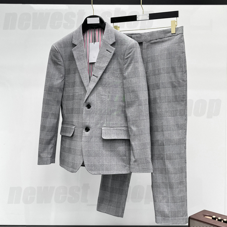 Mens Suits Blazers pants Western clothing designer classic Blazer sets luxury outwear coat slim fit gray plaid grid patchwork Webbing suit