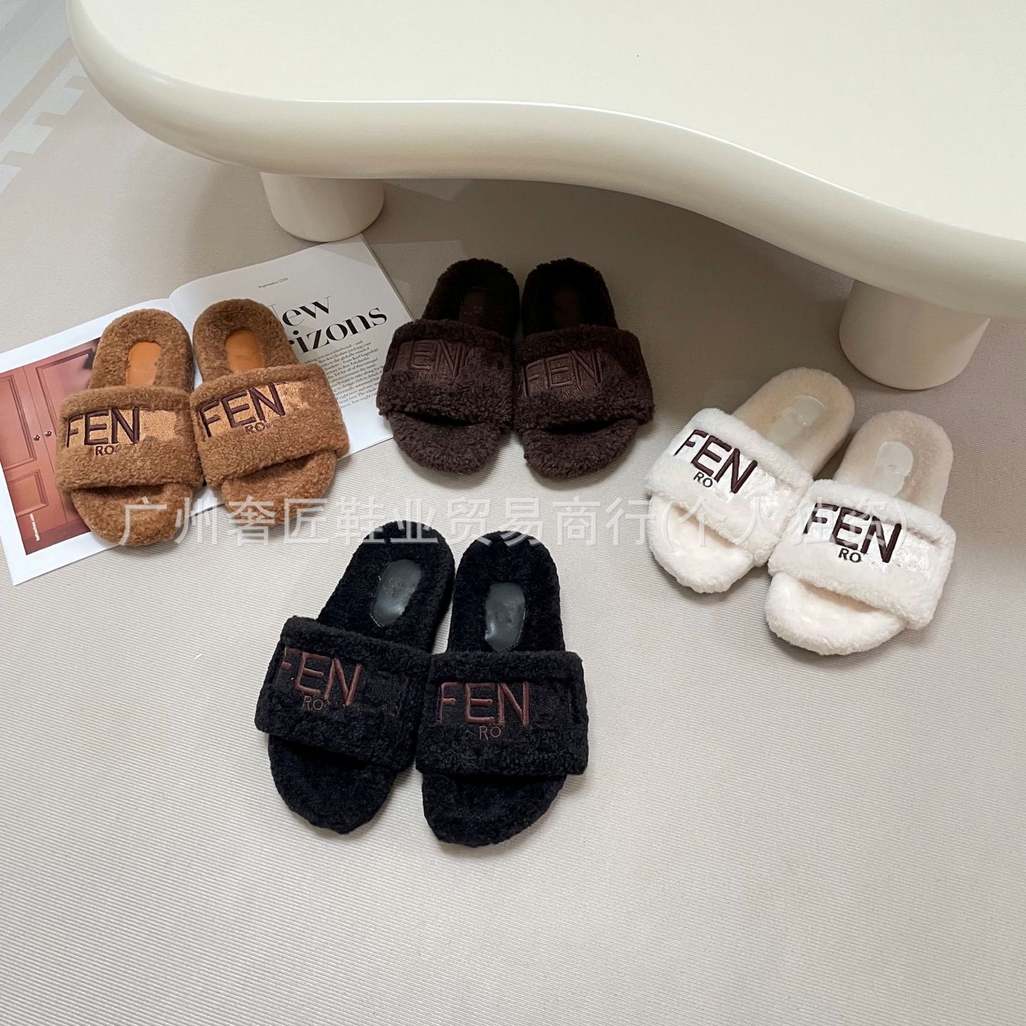 Designer women's thick soled hairy shoes for outdoor wear in the autumn and winter of 2026 new embroidered letter pink plush cotton slippers fo