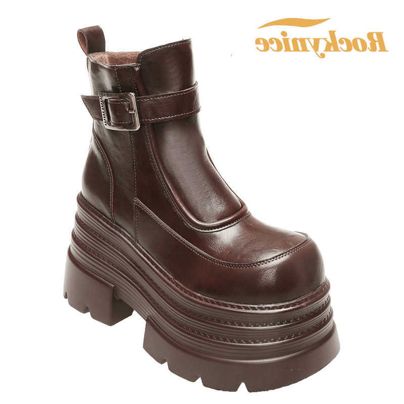 Nuevas mujeres botines de piel botas suela gruesa cuero combate motocicleta bota otoño invierno cálido felpa plataforma alta zapatos de nieve mujer