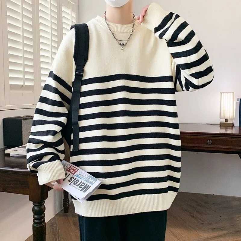 Men Black White Striped Crew Neck Sweater Oversized Loose Long Sleeve Knit Pullover Korean Streetwear Casual Daily Knit Top for S260921AZFP