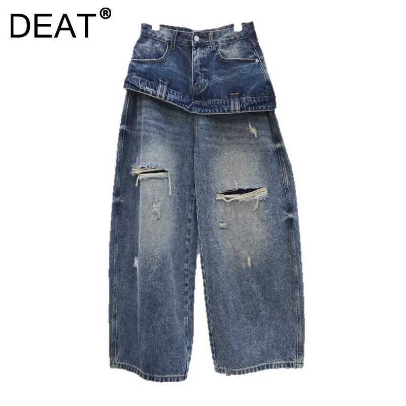 DEAT 2026 New Style Faux Two-piece Layered Waist Ripped Jeans For Women Loose Fit Wide-leg Straight-cut Denim Pants 29A9282 S260921EJJQ