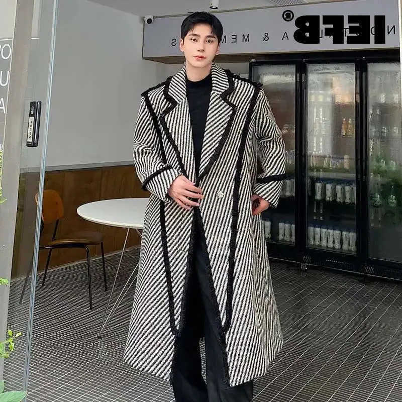 IEFB Blends Men's Winter Wool Men's Woolen Long Coat Thickened Weave Twill Lapel Wool OverCoat Korean Style Windbreaker Trend Autumn New 9