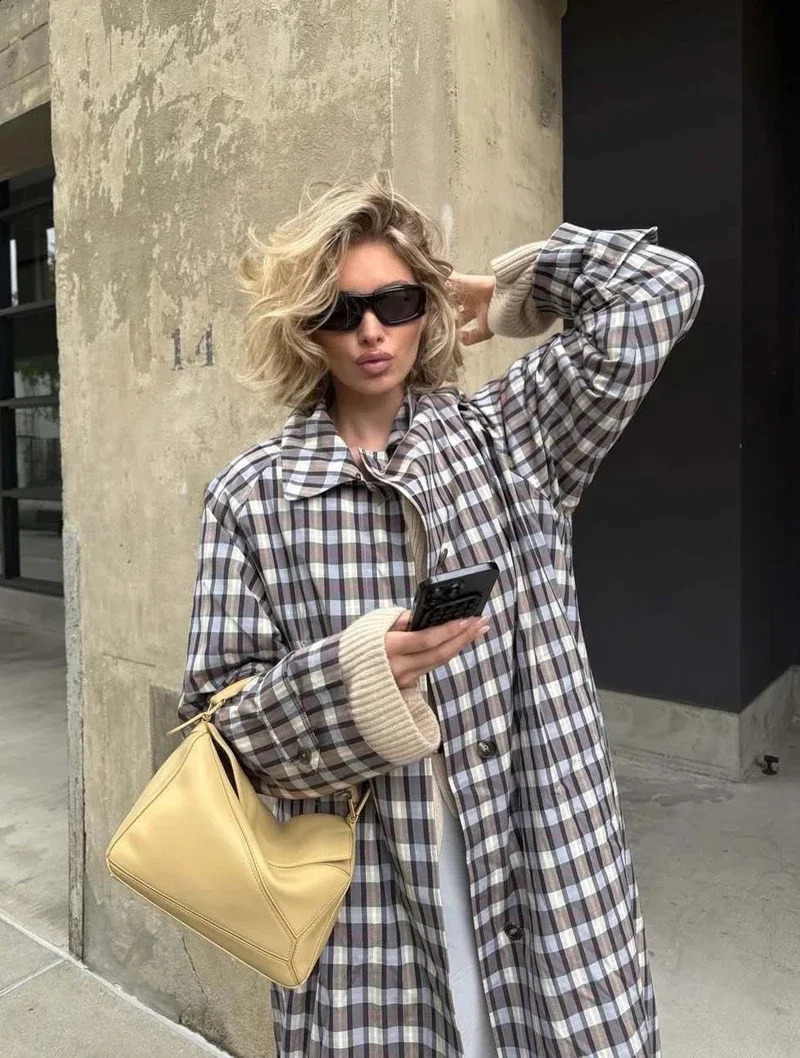 Women Trench Coat Retro Plaid Single Breasted Long Sleeve Female Casual Mid-Length Windbreaker Autumn 260921