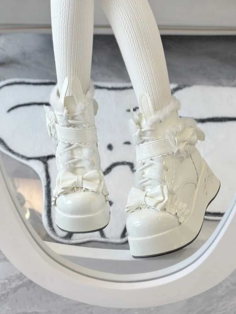 Warm Fleece Lined Thick Heel Lolita Snow Boots Women's Winter Cotton Shoes Cute Rabbit Tail Short Boots Original Boots L26921