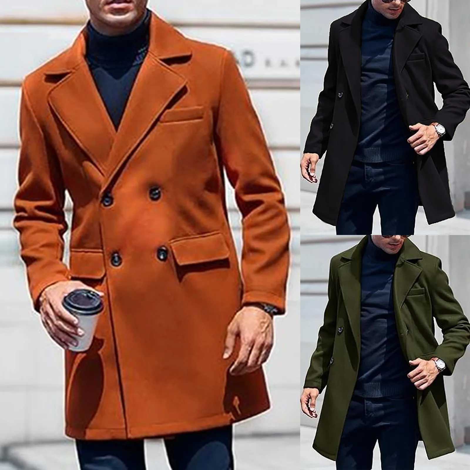 Winter Men's Wool Blends Men Trench Coat Mid Length Solid Lapel Collar Double Breasted Overcoat Elegant Outerwear Business Office Daily Casual