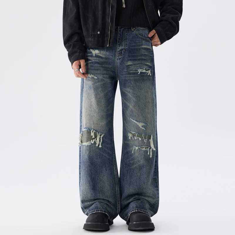 2026 Spring Korean Style Men's Denim Pants Worn-out Raw Edge Patch Washing Loose Trousers Casual Solid Color Wide Leg Male Jeans S260921K1AF